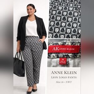 Anne Klein Lion Logo Pants Size 16 NWT Black White Straight Leg